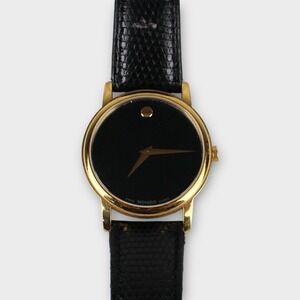 Movado Swiss Quartz Museum Dial Watch Black Face Gold Tone Leather Band Sapphire